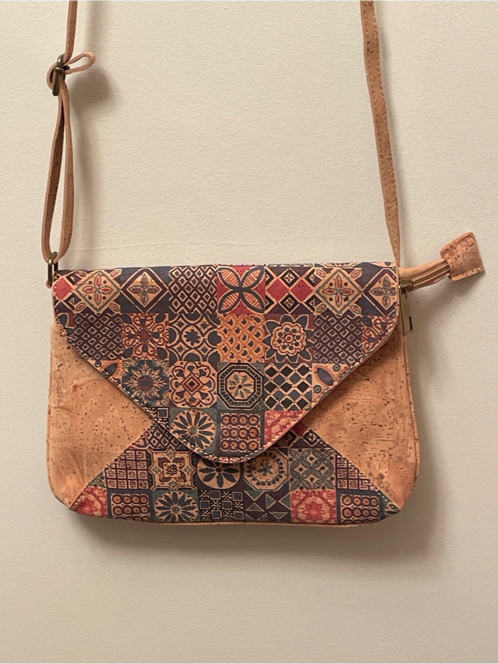 Patterned Cork Crossbody Bag in Tan and Multicolor
